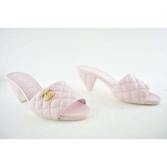 Chanel 22P Light Pink Lambskin Quilted CC Logo Cone Heel Mule Slide Sandal 37.5 - Picture 4 of 12
